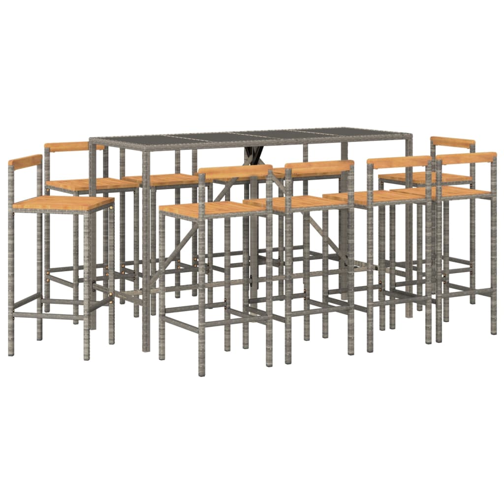 11 pcs conjunto de bar p/ jardim vime PE/acácia maciça cinzento - Leva - Me - Contigo