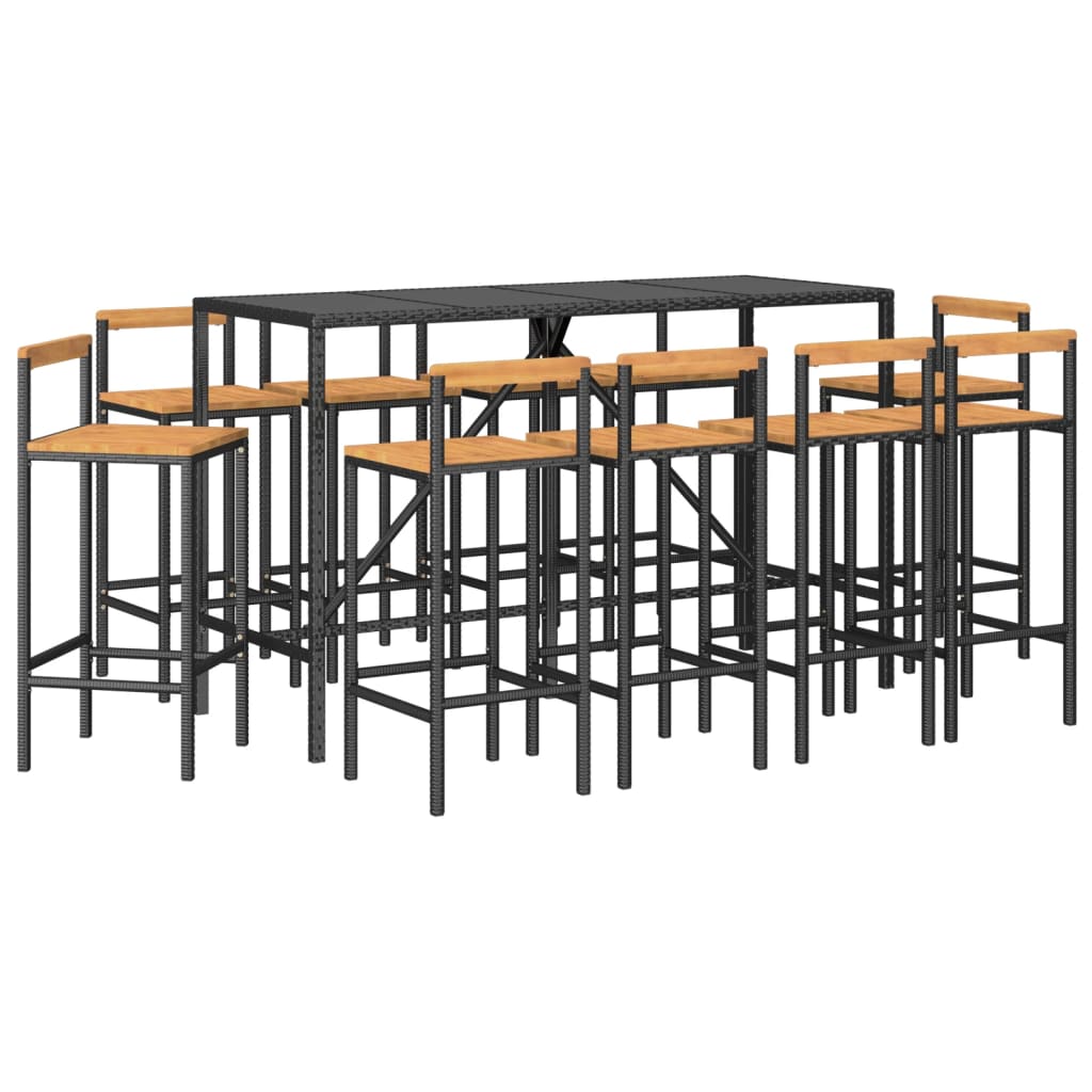 11 pcs conjunto de bar p/ jardim vime PE/acácia maciça preto - Leva - Me - Contigo