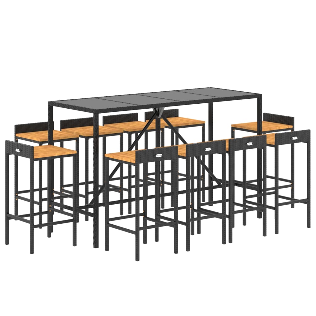 11 pcs conjunto de bar p/ jardim vime PE/acácia maciça preto - Leva - Me - Contigo