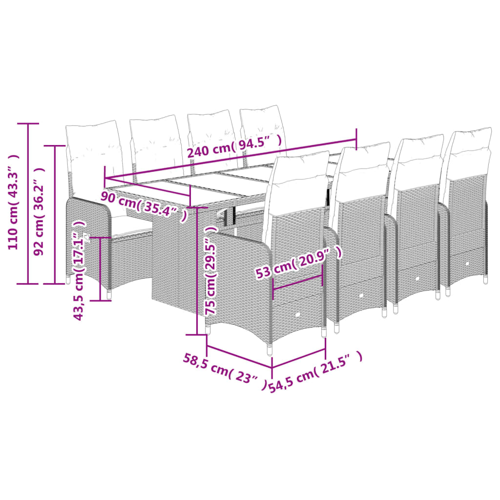 11 pcs conjunto de bistrô p/ jardim c/ almofadões vime PE bege - Leva - Me - Contigo