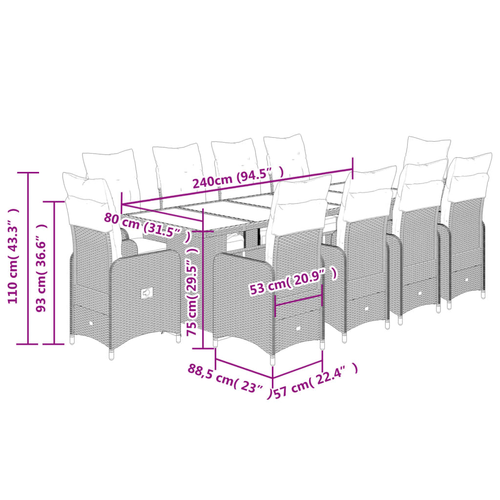 11 pcs conjunto de bistrô p/ jardim c/ almofadões vime PE preto - Leva - Me - Contigo