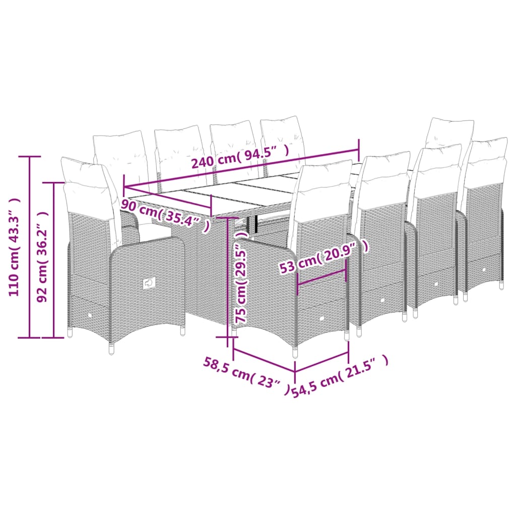 11 pcs conjunto de bistrô p/ jardim c/ almofadões vime PE preto - Leva - Me - Contigo