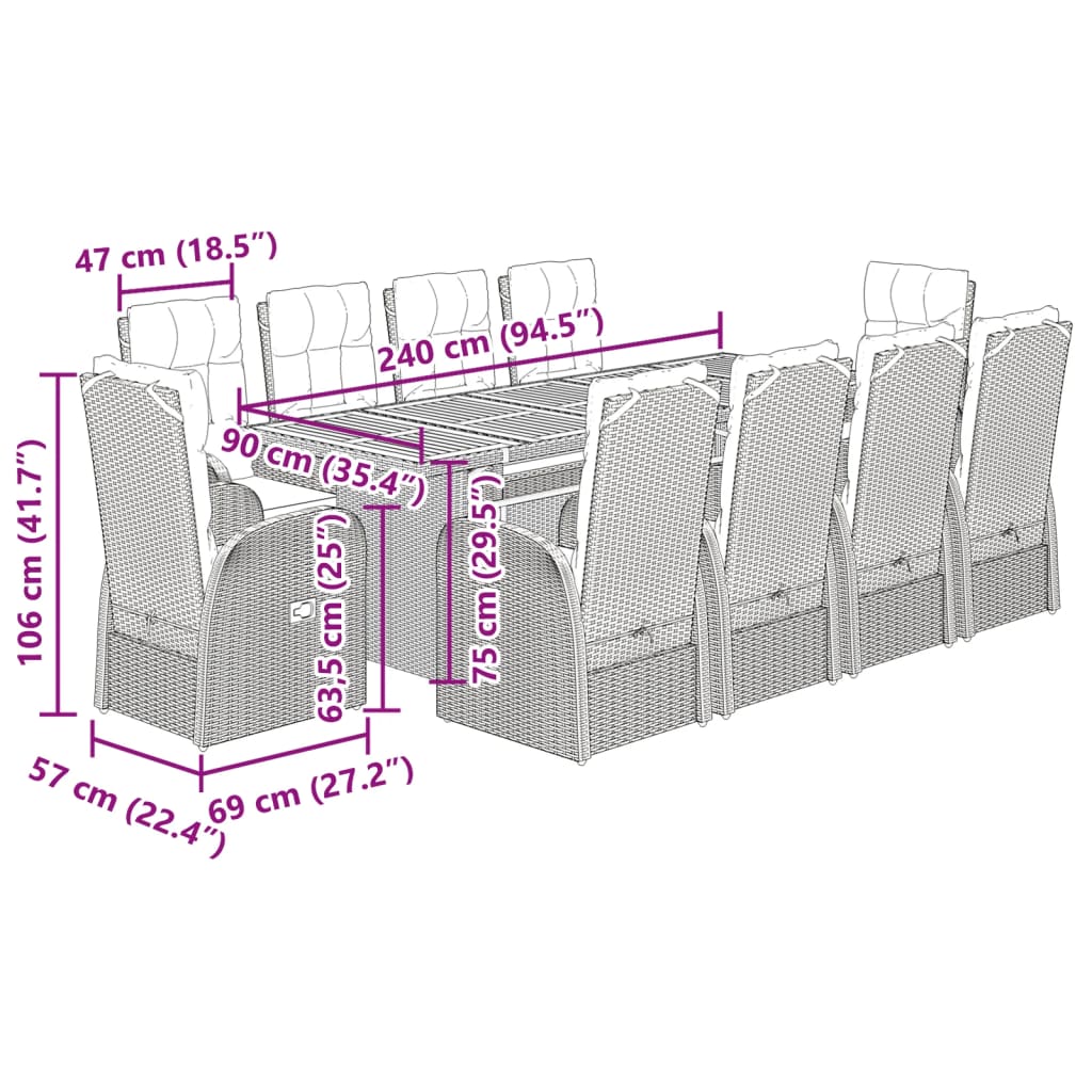 11 pcs conjunto de jantar p/ jardim c/ almofadões vime PE preto - Leva - Me - Contigo