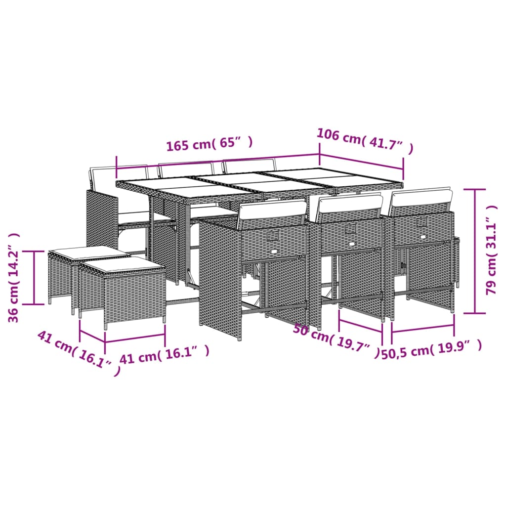 11 pcs conjunto de jantar p/ jardim c/ almofadões vime PE preto - Leva - Me - Contigo