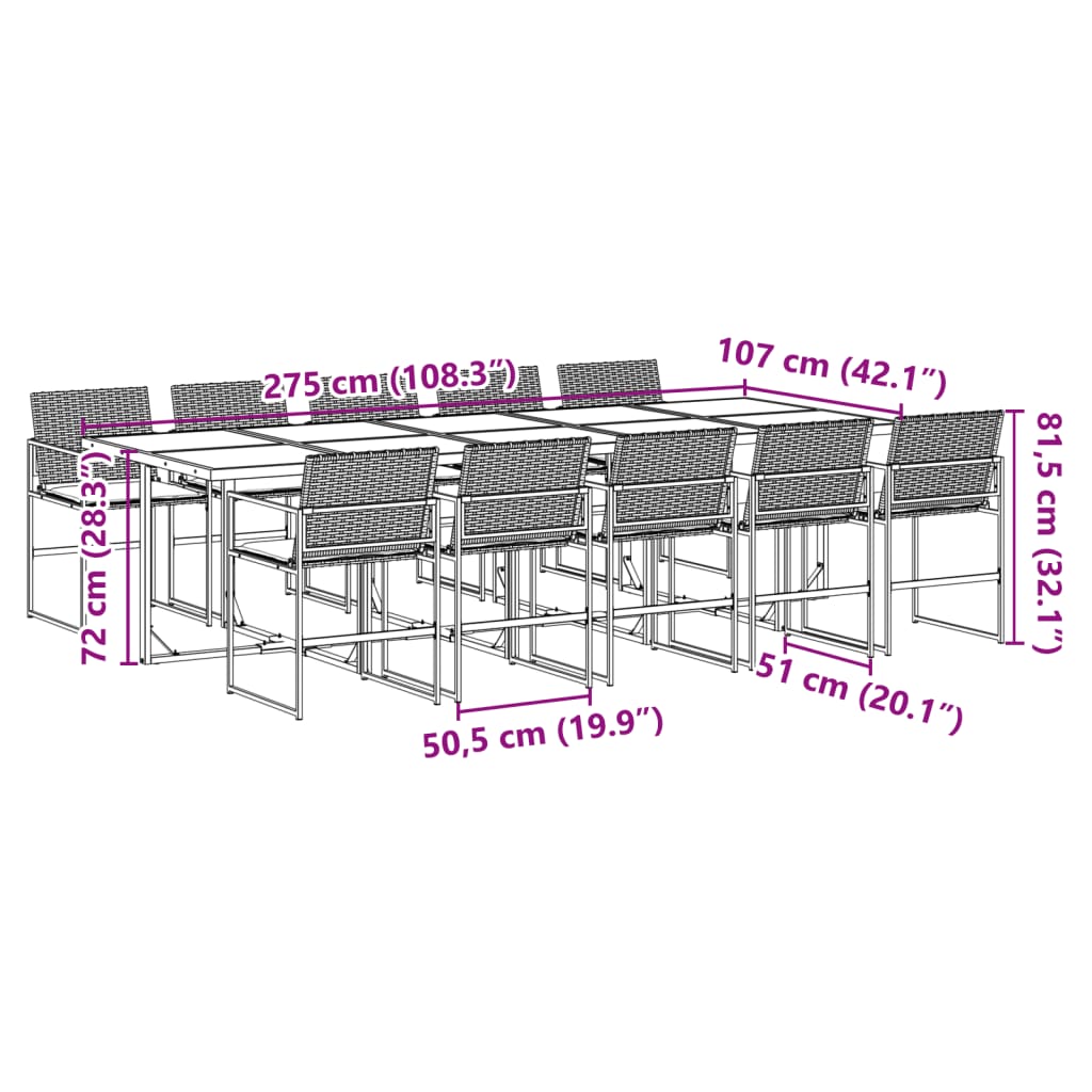 11 pcs conjunto de jantar p/ jardim c/ almofadões vime PE preto - Leva - Me - Contigo