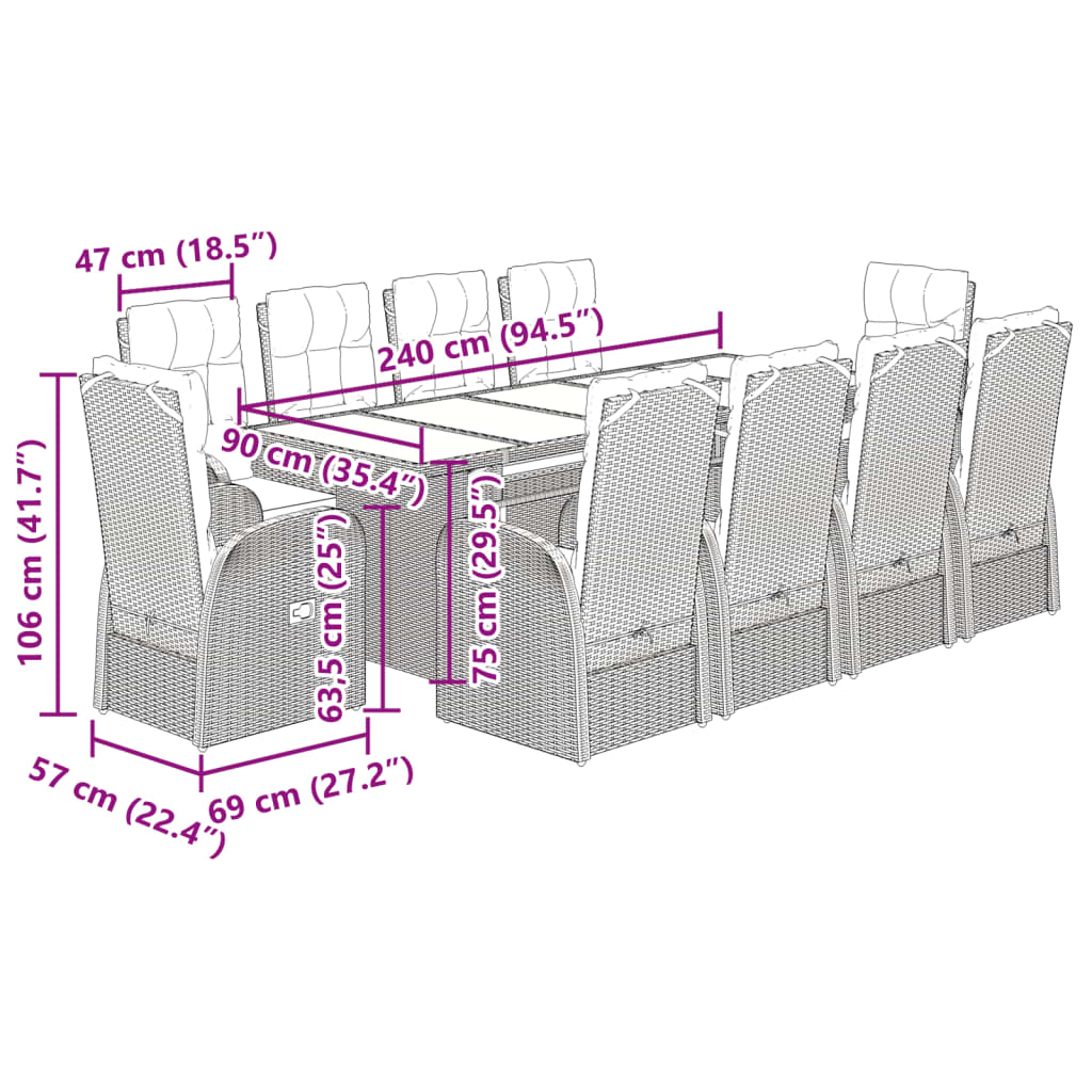 11 pcs conjunto de jantar p/ jardim c/ almofadões vime PE preto - Leva - Me - Contigo