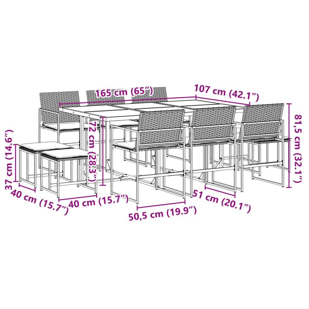 11 pcs conjunto de jantar p/ jardim c/ almofadões vime PE preto - Leva - Me - Contigo