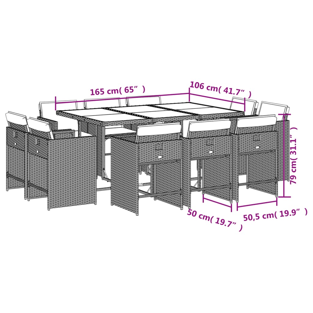 11 pcs conjunto de jantar p/ jardim c/ almofadões vime PE preto - Leva - Me - Contigo