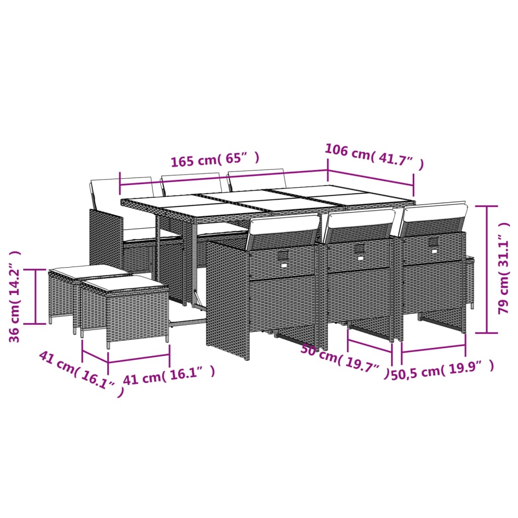 11 pcs conjunto de jantar p/ jardim c/ almofadões vime PE preto - Leva - Me - Contigo