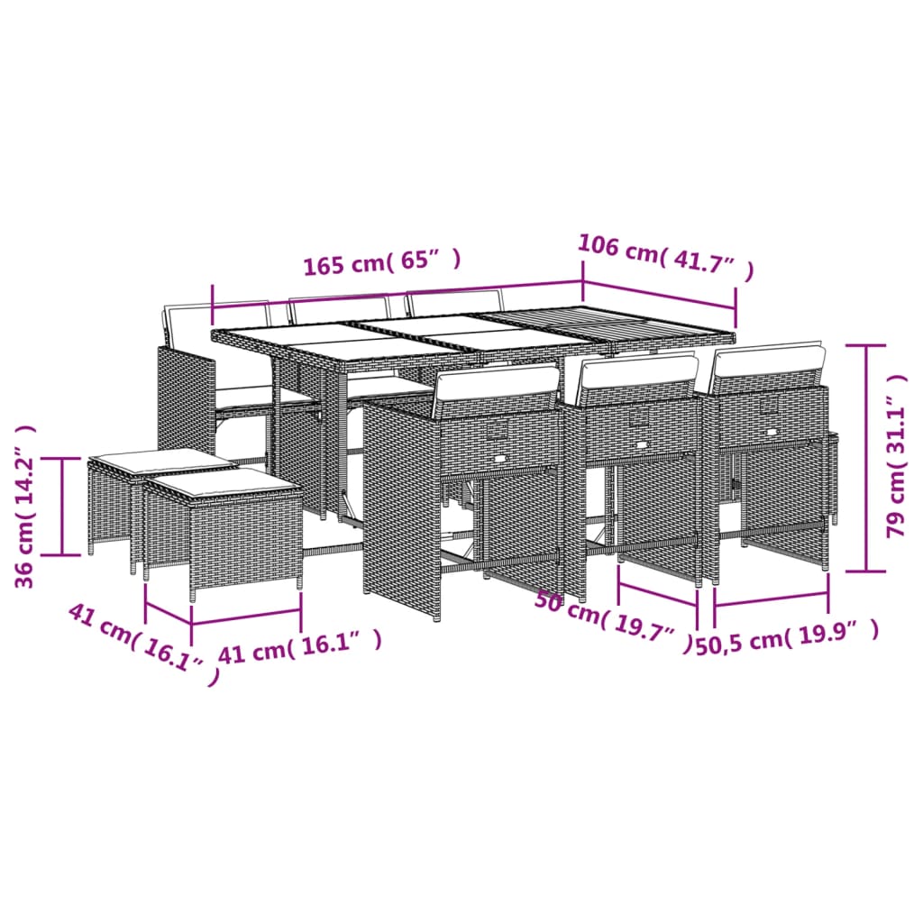 11 pcs conjunto de jantar p/ jardim com almofadões vime PE bege - Leva - Me - Contigo