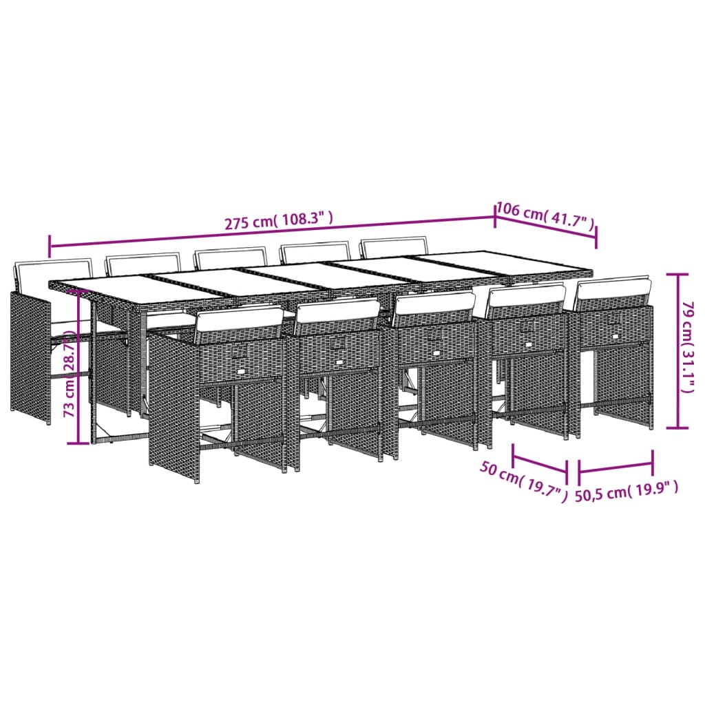 11 pcs conjunto de jantar p/ jardim com almofadões vime PE bege - Leva - Me - Contigo