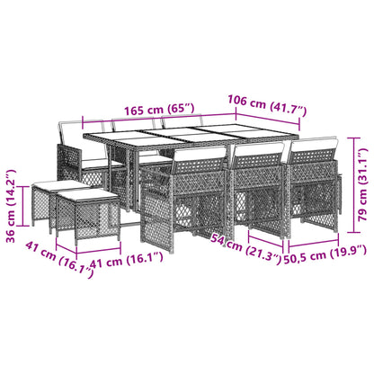 11 pcs conjunto de jantar p/ jardim com almofadões vime PE bege - Leva - Me - Contigo