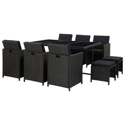 11 pcs conjunto jantar exterior com almofadões vime PE preto - Leva - Me - Contigo