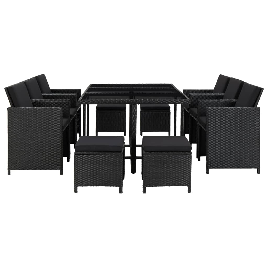 11 pcs conjunto jantar exterior com almofadões vime PE preto - Leva - Me - Contigo