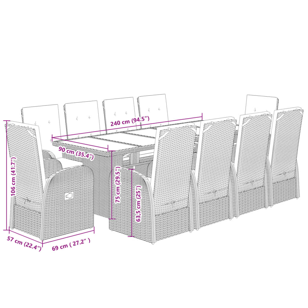 11 pcs conjunto jantar p/ jardim c/ almofadões vime PE cinzento - Leva - Me - Contigo