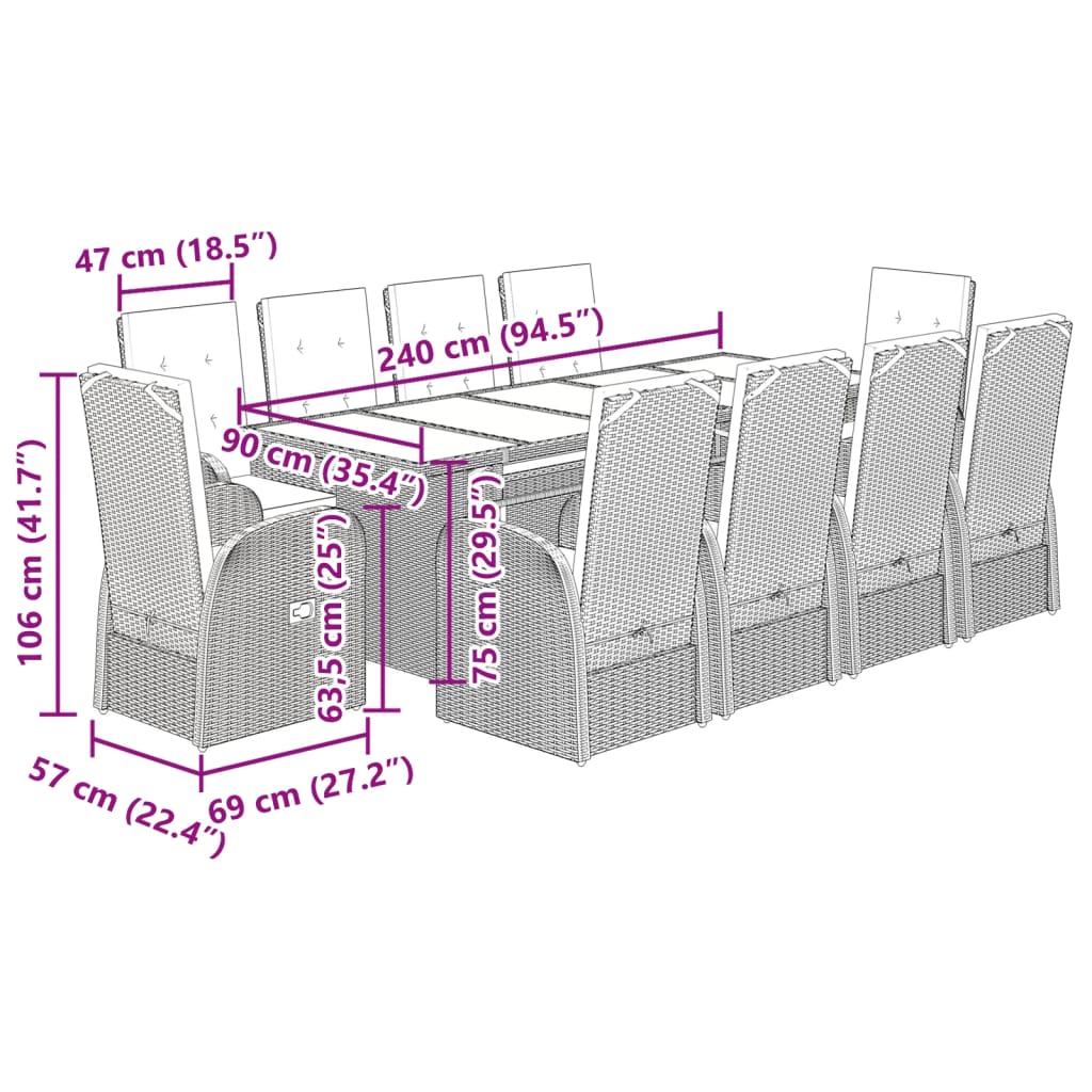 11 pcs conjunto jantar p/ jardim c/ almofadões vime PE cinzento - Leva - Me - Contigo