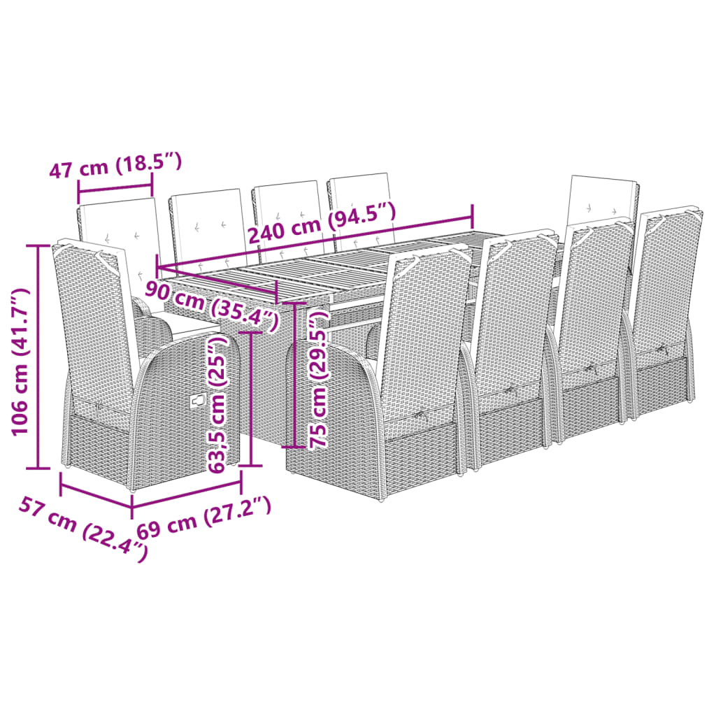 11 pcs conjunto jantar p/ jardim c/ almofadões vime PE cinzento - Leva - Me - Contigo