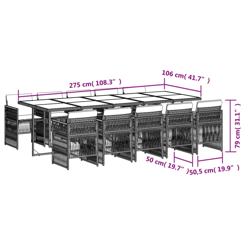 11 pcs conjunto jantar p/ jardim c/ almofadões vime PE cinzento - Leva - Me - Contigo