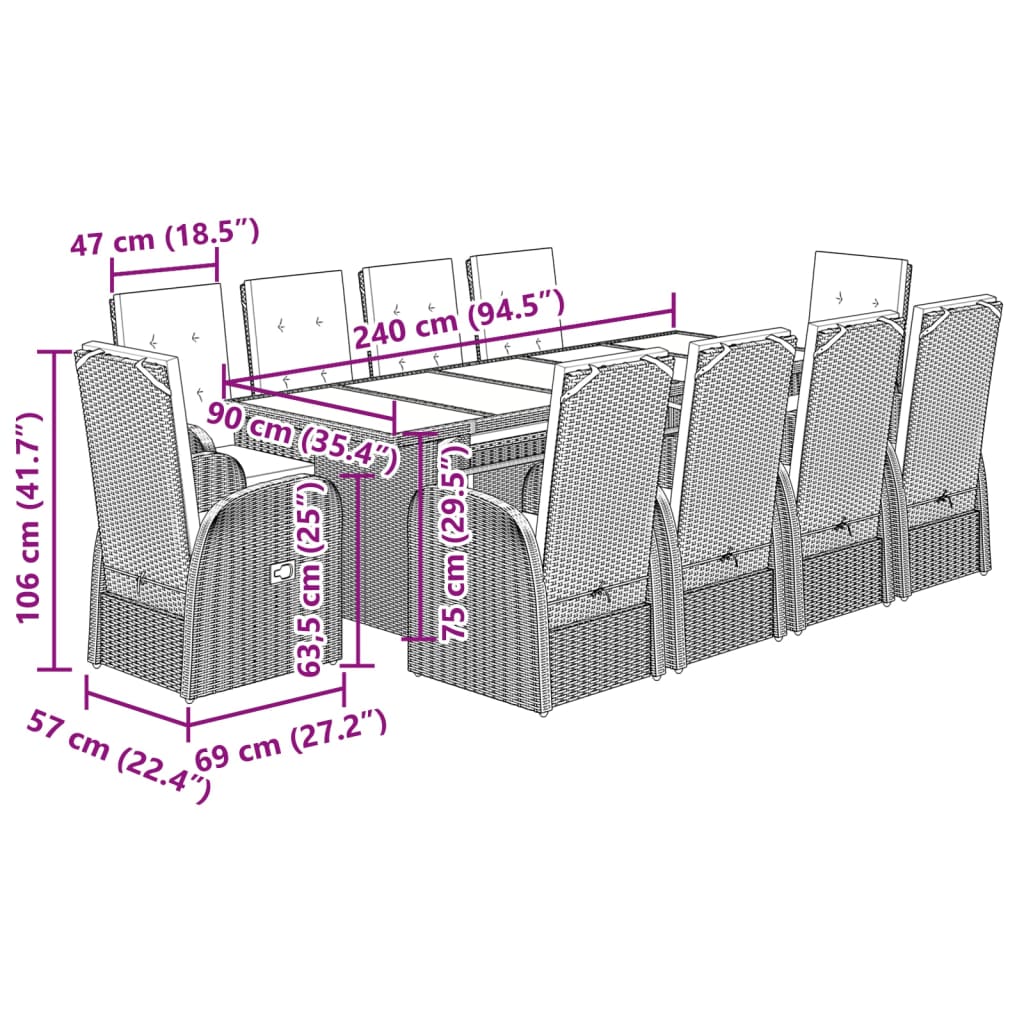 11 pcs conjunto jantar p/ jardim c/ almofadões vime PE cinzento - Leva - Me - Contigo