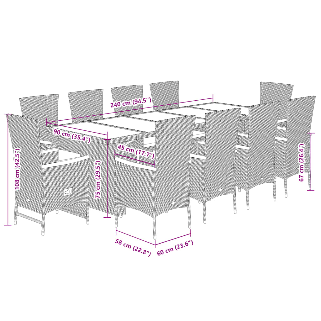 11 pcs conjunto jantar p/ jardim c/ almofadões vime PE cinzento - Leva - Me - Contigo