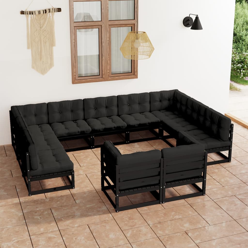 11 pcs conjunto longue jardim c/ almofadões pinho maciço preto - Leva - Me - Contigo