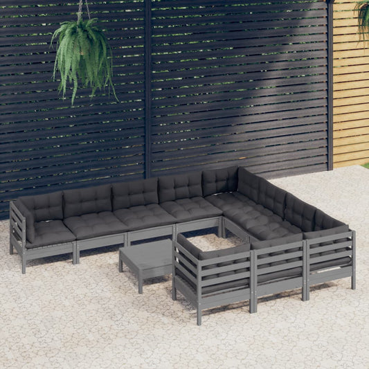 11 pcs conjunto lounge de jardim c/ almofadões pinho cinza - Leva - Me - Contigo