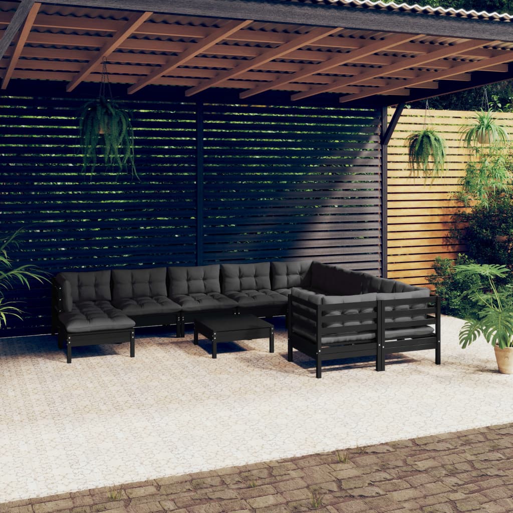 11 pcs conjunto lounge de jardim c/ almofadões pinho preto - Leva - Me - Contigo