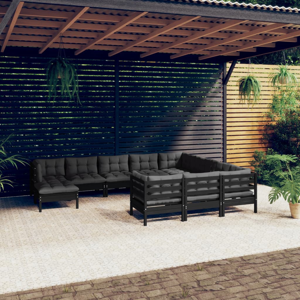 11 pcs conjunto lounge de jardim c/ almofadões pinho preto - Leva - Me - Contigo