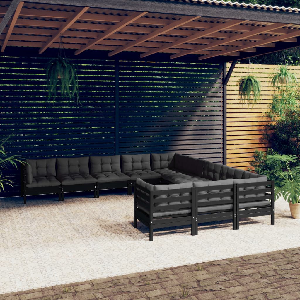 11 pcs conjunto lounge de jardim c/ almofadões pinho preto - Leva - Me - Contigo