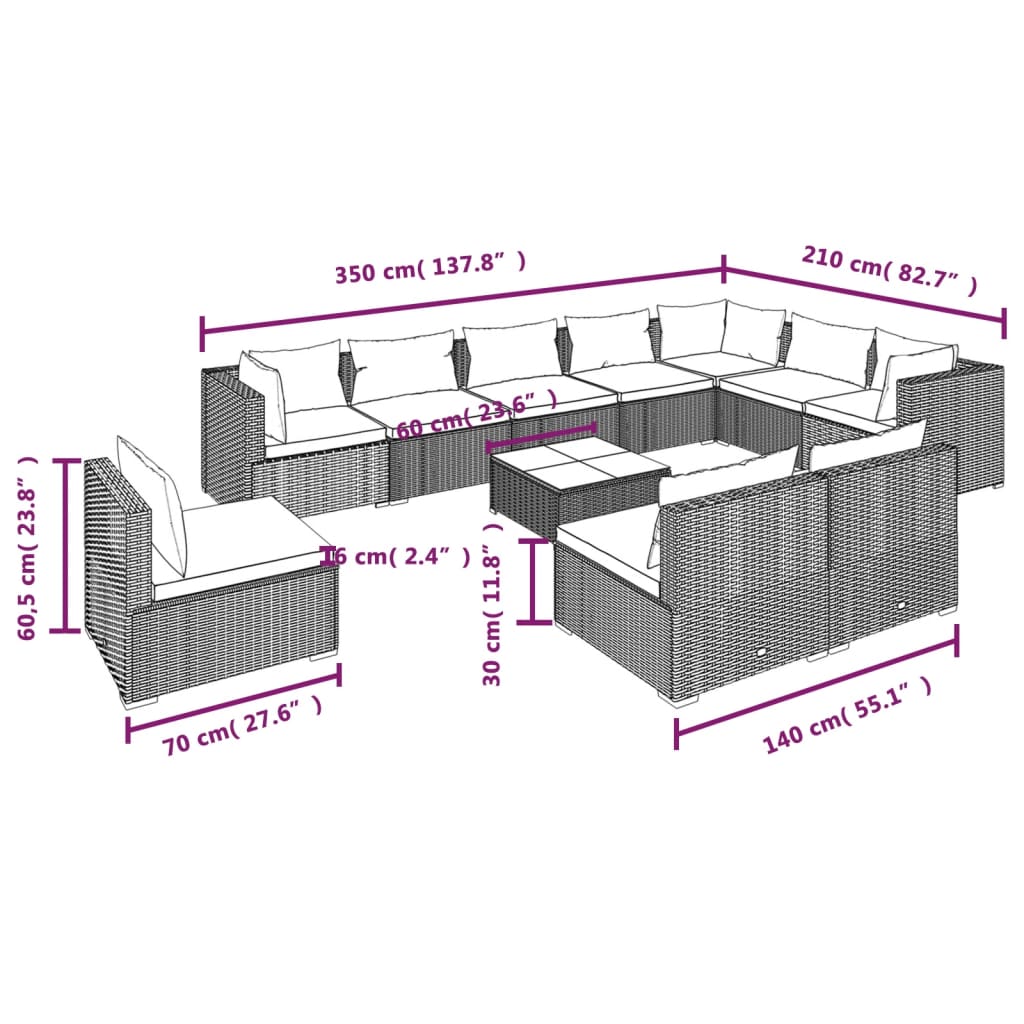 11 pcs conjunto lounge de jardim c/ almofadões vime PE castanho - Leva - Me - Contigo