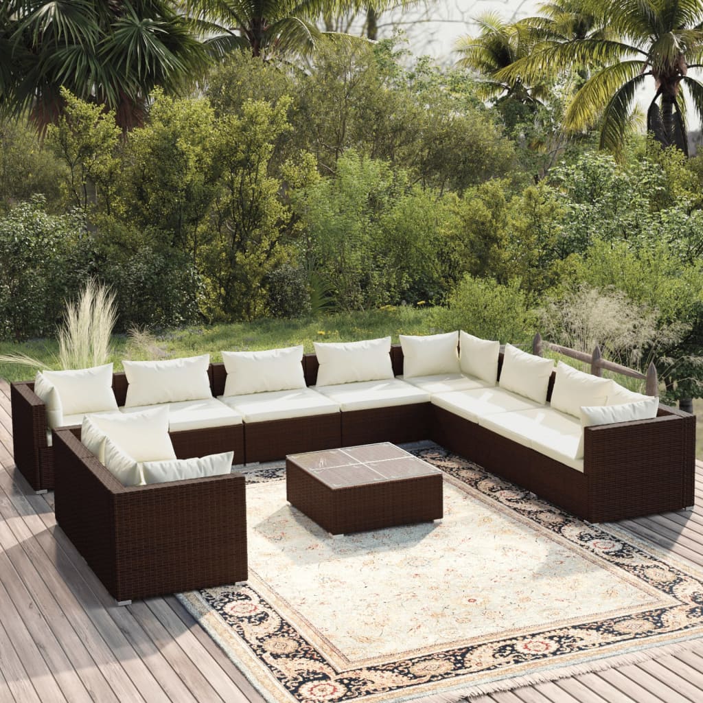 11 pcs conjunto lounge de jardim c/ almofadões vime PE castanho - Leva - Me - Contigo