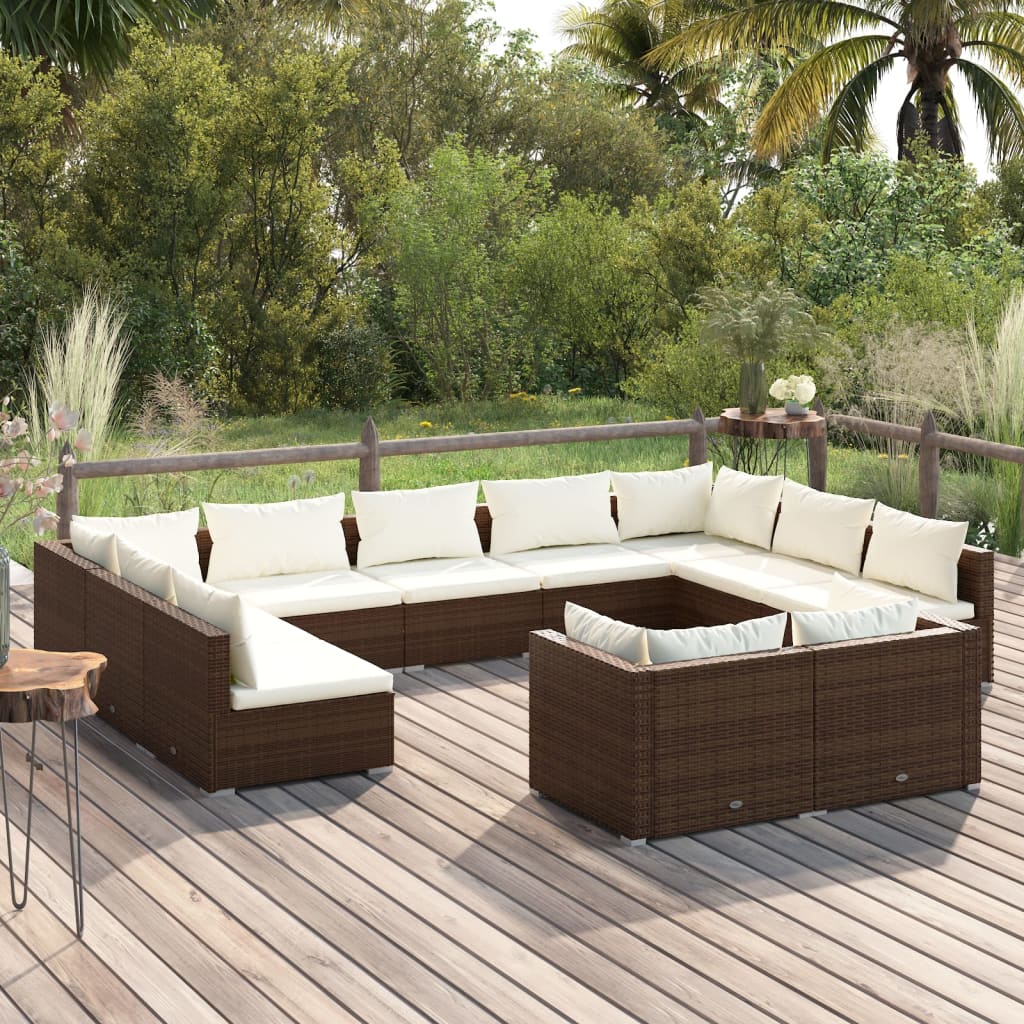 11 pcs conjunto lounge de jardim c/ almofadões vime PE castanho - Leva - Me - Contigo