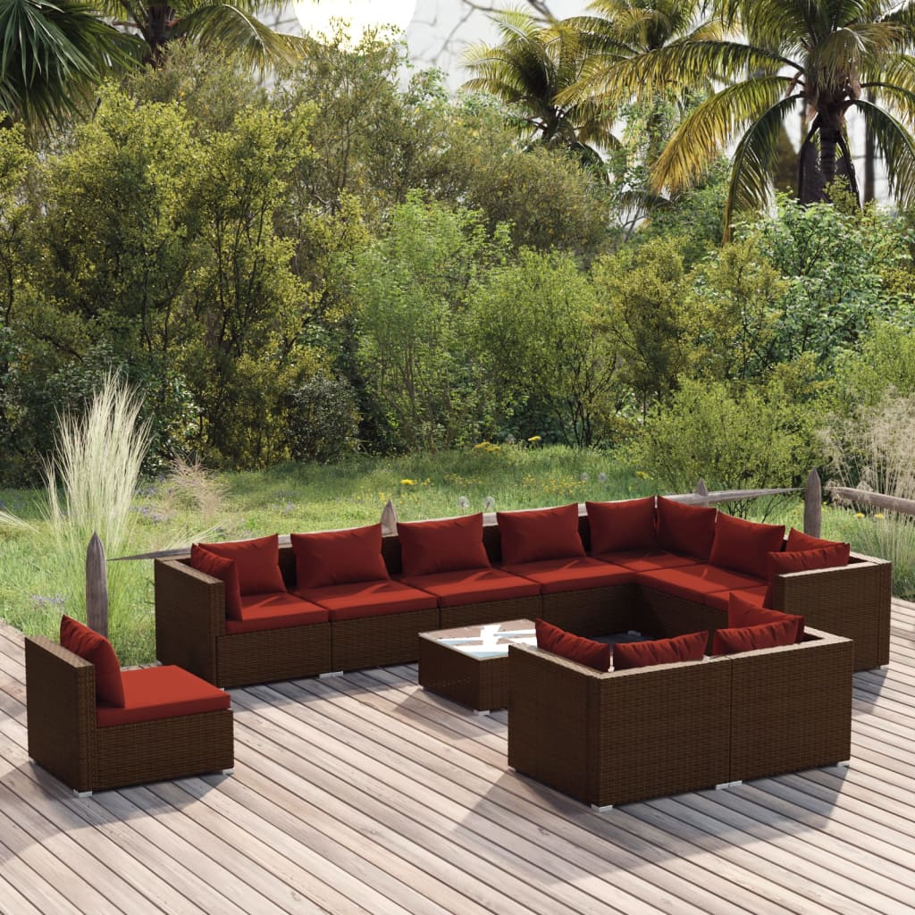 11 pcs conjunto lounge de jardim c/ almofadões vime PE castanho - Leva - Me - Contigo