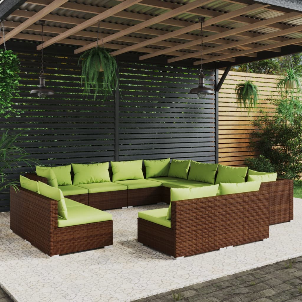 11 pcs conjunto lounge de jardim c/ almofadões vime PE castanho - Leva - Me - Contigo