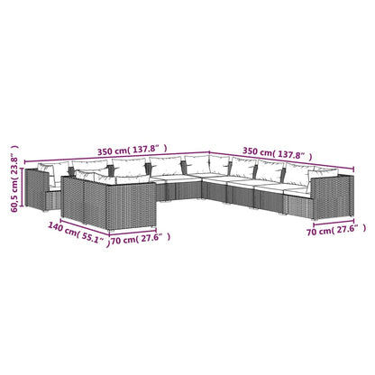 11 pcs conjunto lounge de jardim c/ almofadões vime PE castanho - Leva - Me - Contigo