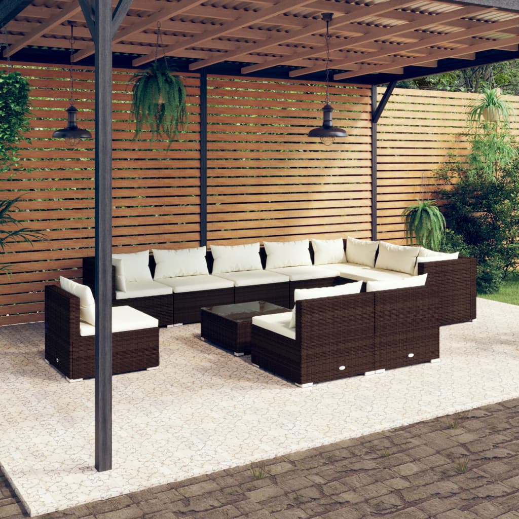 11 pcs conjunto lounge de jardim c/ almofadões vime PE castanho - Leva - Me - Contigo