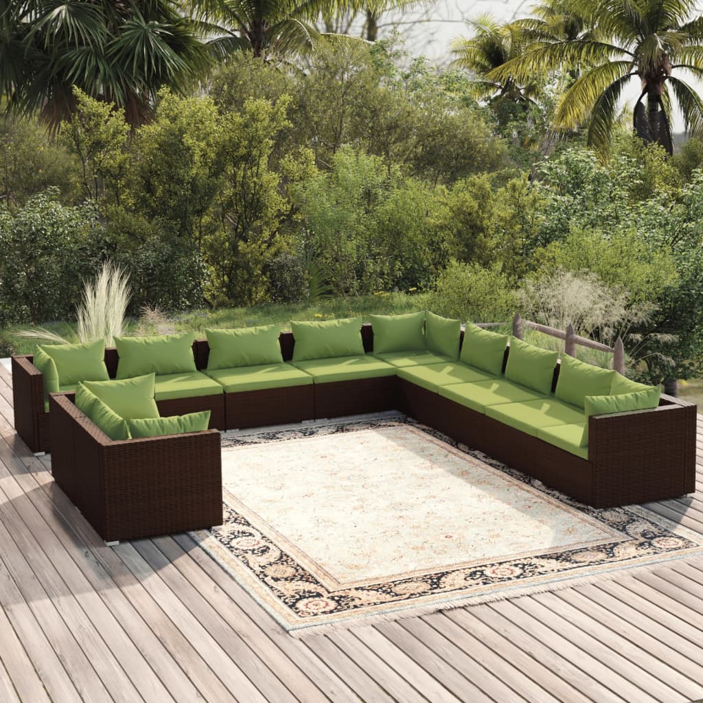 11 pcs conjunto lounge de jardim c/ almofadões vime PE castanho - Leva - Me - Contigo