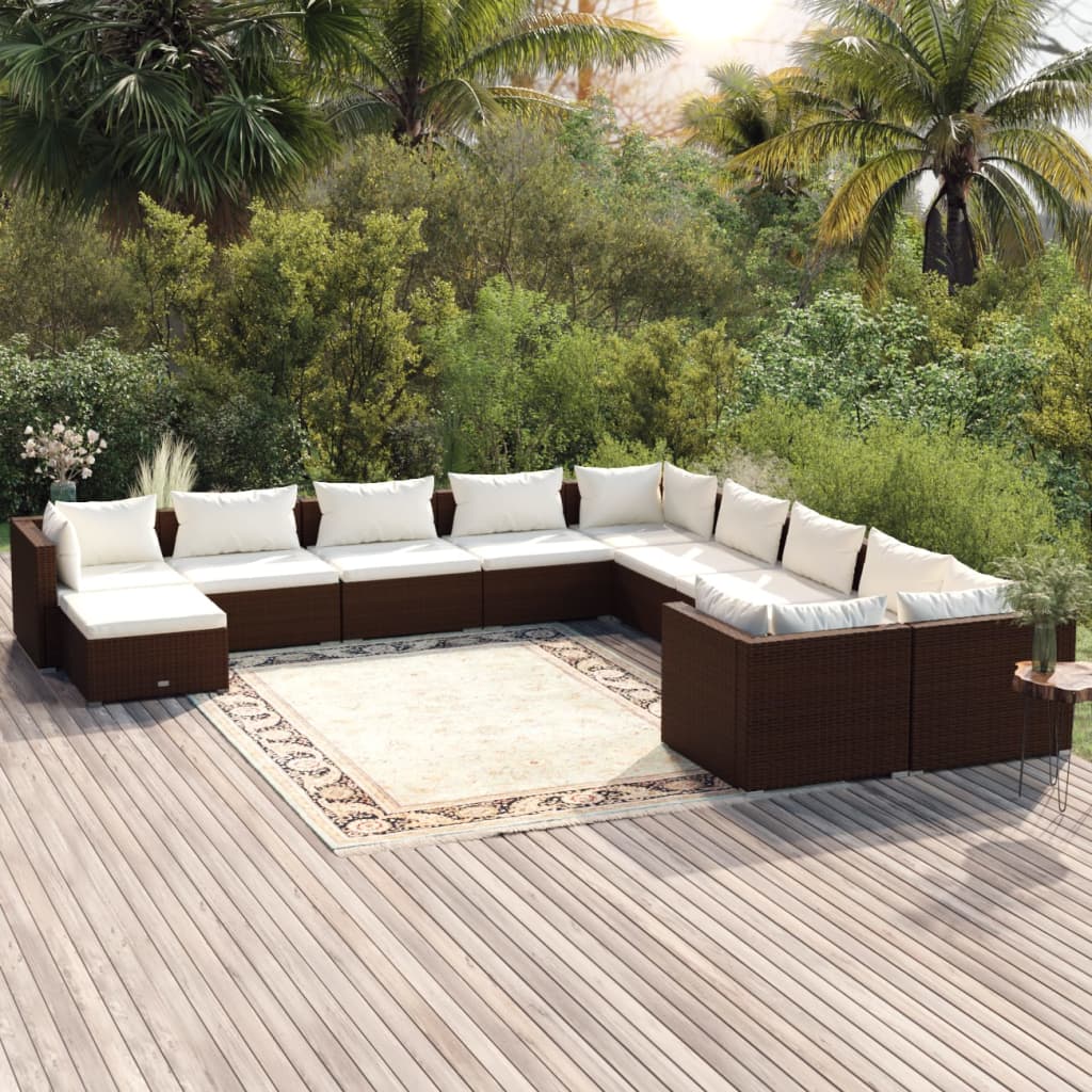 11 pcs conjunto lounge de jardim c/ almofadões vime PE castanho - Leva - Me - Contigo