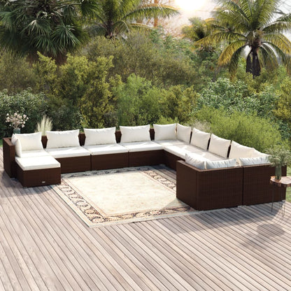 11 pcs conjunto lounge de jardim c/ almofadões vime PE castanho - Leva - Me - Contigo