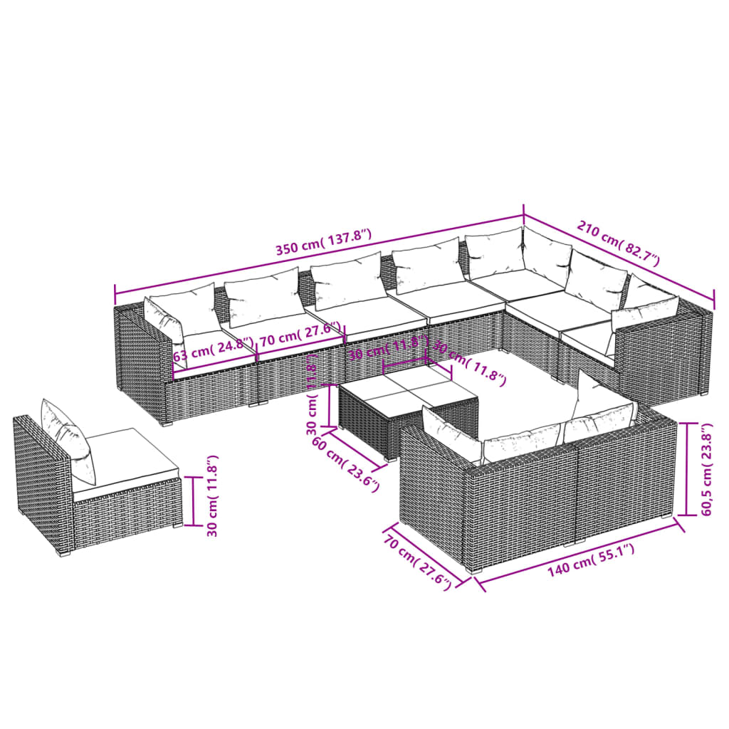 11 pcs conjunto lounge de jardim c/ almofadões vime PE castanho - Leva - Me - Contigo