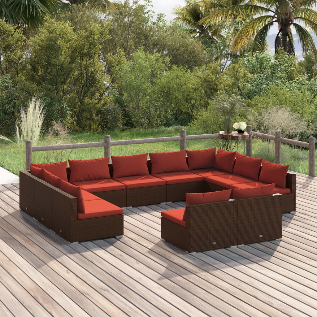 11 pcs conjunto lounge de jardim c/ almofadões vime PE castanho - Leva - Me - Contigo