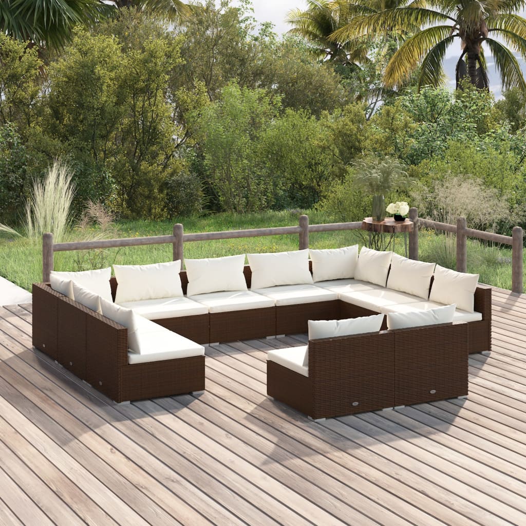 11 pcs conjunto lounge de jardim c/ almofadões vime PE castanho - Leva - Me - Contigo