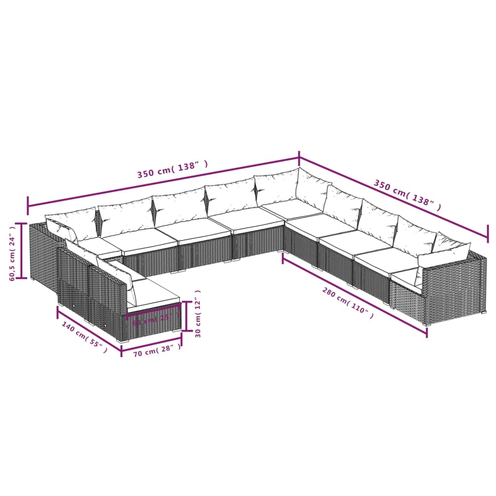 11 pcs conjunto lounge de jardim c/ almofadões vime PE castanho - Leva - Me - Contigo