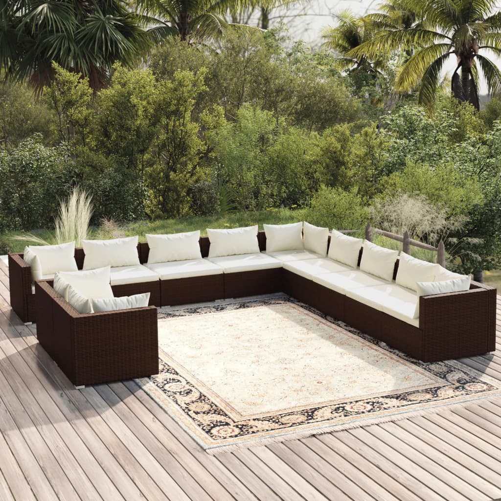 11 pcs conjunto lounge de jardim c/ almofadões vime PE castanho - Leva - Me - Contigo