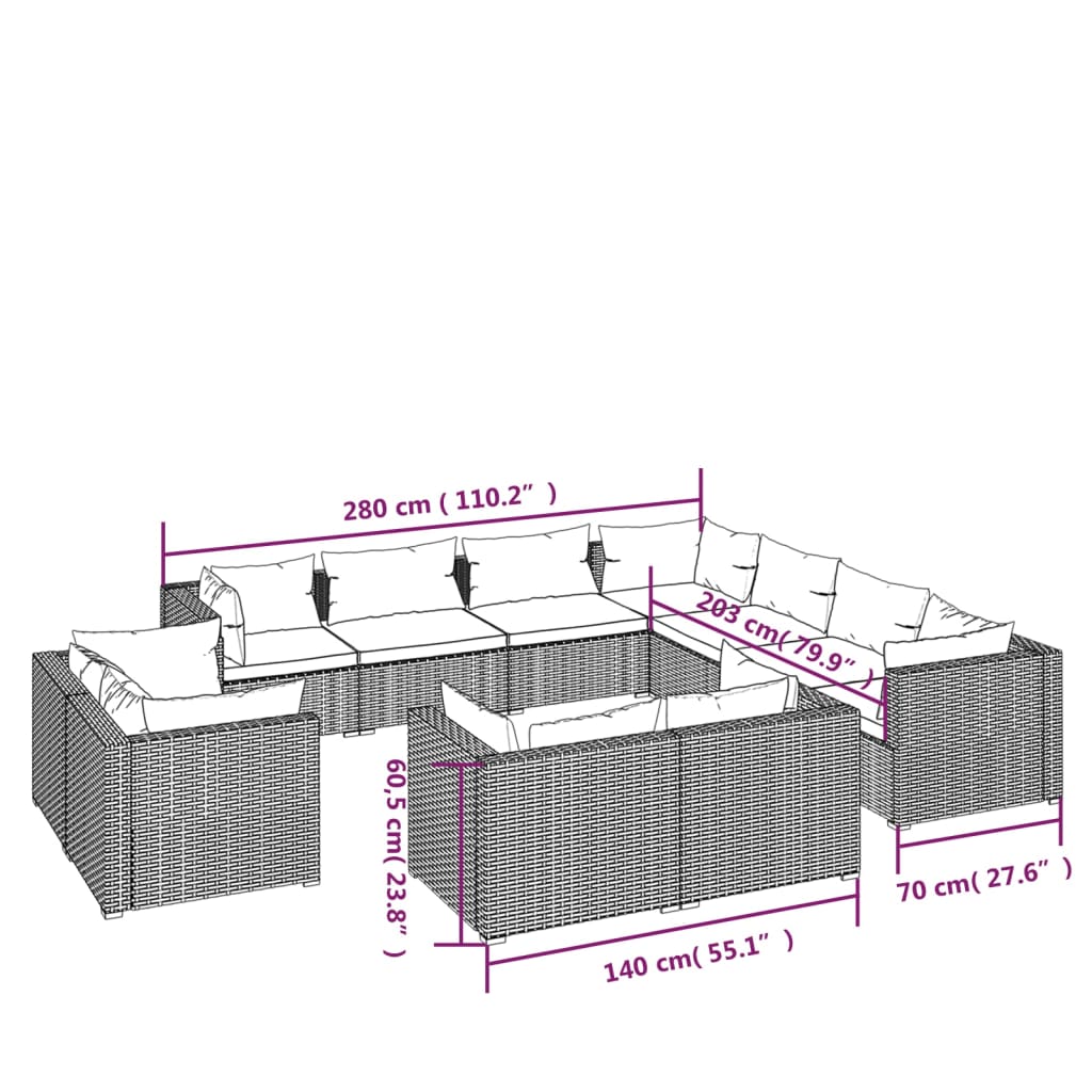 11 pcs conjunto lounge de jardim c/ almofadões vime PE cinza - Leva - Me - Contigo