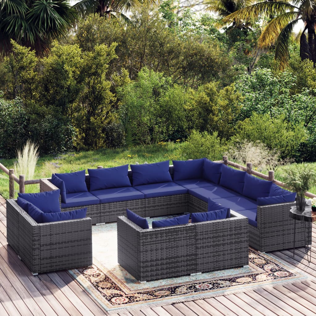 11 pcs conjunto lounge de jardim c/ almofadões vime PE cinza - Leva - Me - Contigo