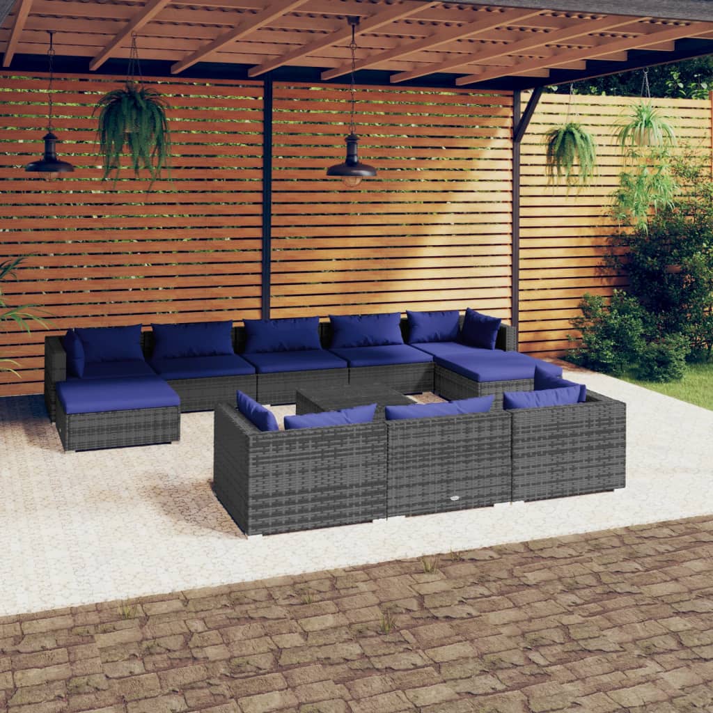 11 pcs conjunto lounge de jardim c/ almofadões vime PE cinzento - Leva - Me - Contigo