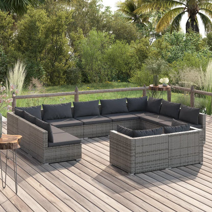 11 pcs conjunto lounge de jardim c/ almofadões vime PE cinzento - Leva - Me - Contigo