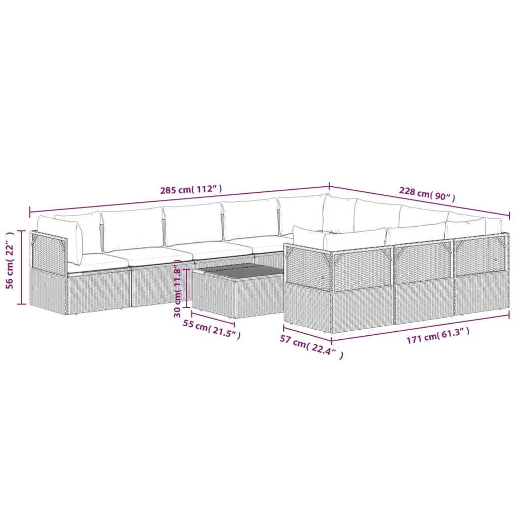 11 pcs conjunto lounge de jardim c/ almofadões vime PE cinzento - Leva - Me - Contigo