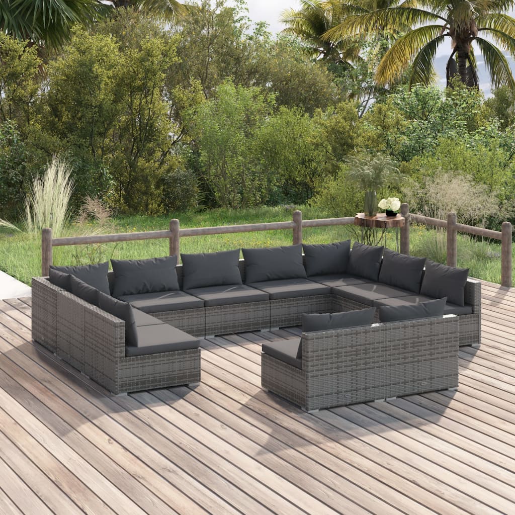 11 pcs conjunto lounge de jardim c/ almofadões vime PE cinzento - Leva - Me - Contigo